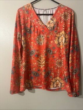 Boho Exclusive Women’s V-Neck Long Sleeve Top - Orange Floral Print Sz M